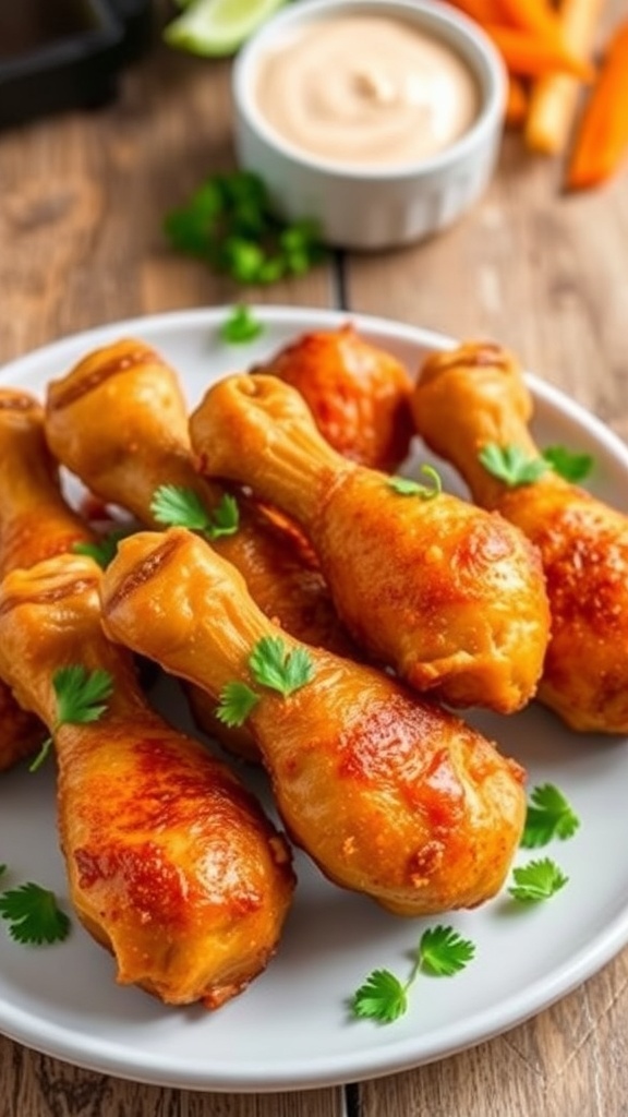 Crispy air fryer chicken drumsticks garnished with parsley on a rustic table with dipping sauce.